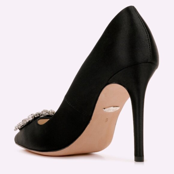 Badgley Mischka Womens Sz 1 Cher Crystal Buckle Pumps Black Satin Stilettos Glam - Picture 3 of 16